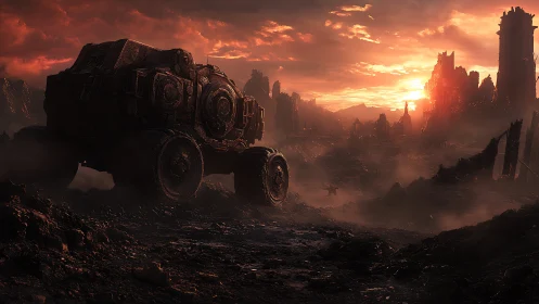 Armored rover crossing a ruined wasteland at sunset.