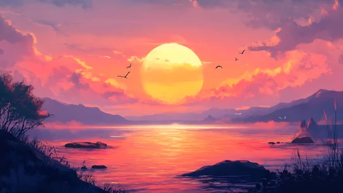 Sun dominates stylized coastal sunset with distant mountains