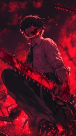 Blood-soaked anime slayer with chainsaw in infernal red storm.