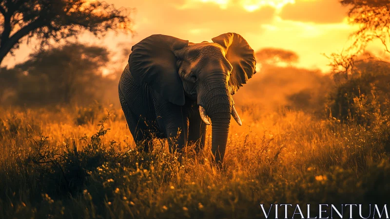 Sunfire savanna elephant strolling through molten dusk glow.