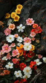 Vibrant flowering plants against weathered dark stone background