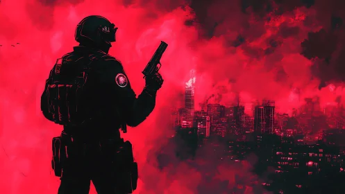 Armored tactical operator surveys smoke-obscured cyberpunk skyline