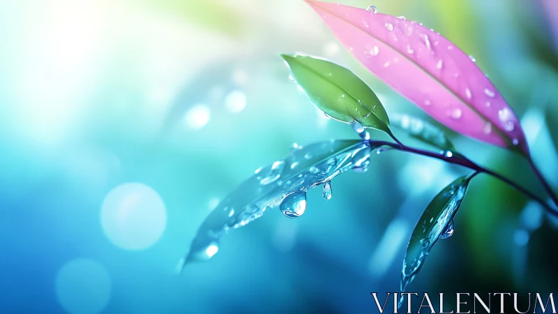 Vibrant leaves with dewdrops glow against soft bokeh background