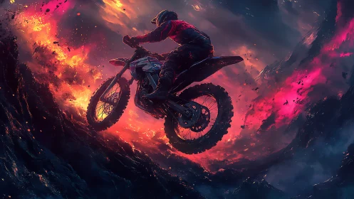 Motocross rider soars through fiery cosmic storm