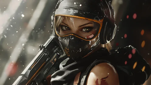 Cybernetic sniper portrait with tactical visor and rifle.