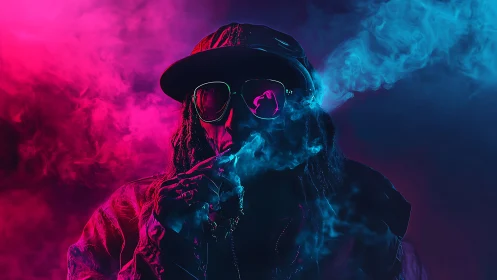Silhouetted person stands in neon smoke with dual color lighting