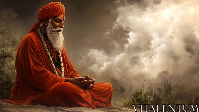 Meditative sage in orange robes before stormlit clouds.