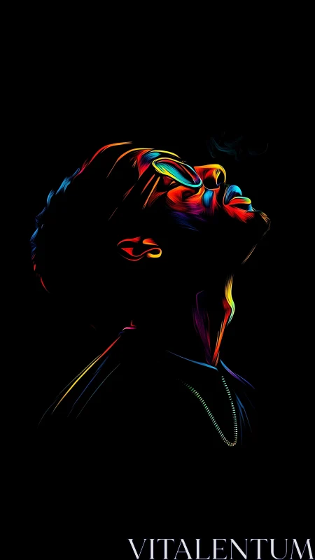 Neon rimlit portrait of upward-gazing person in deep black field