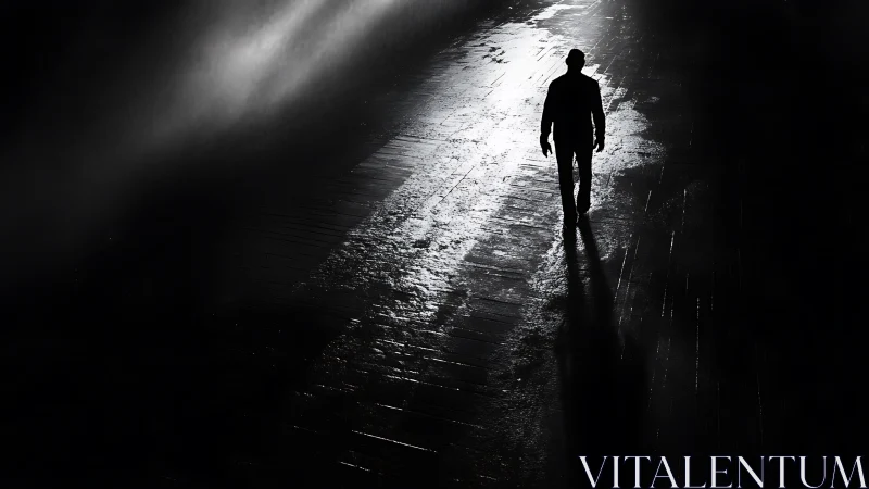 Lone figure walking through dark, wet, high contrast alleyway.