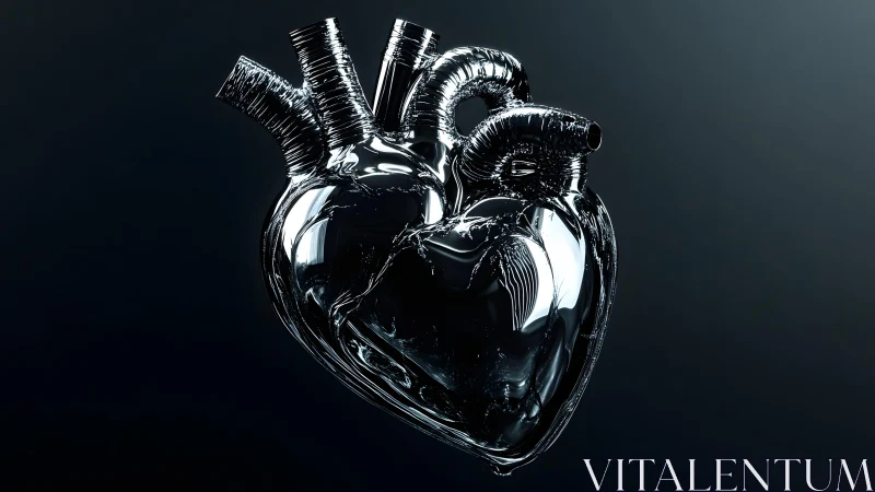 Transparent glass anatomical heart on dark background, digital art.