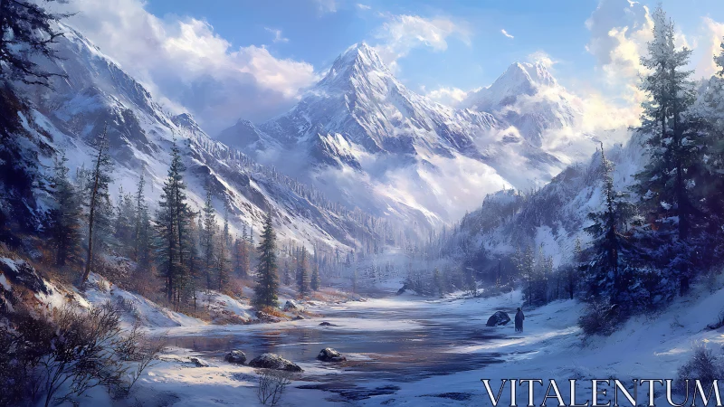 Whispered winter peaks above a lone wanderer’s frozen trail.