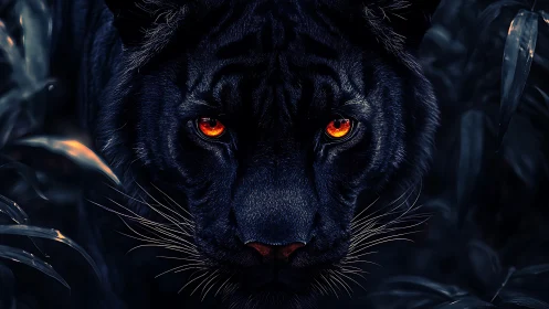 Black panther closeup with glowing orange eyes at night.