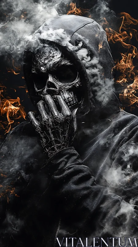 Hooded skull of embers and smoke in quiet, eerie thought.