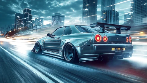 Turbocharged street racer blurs through neon city streets.