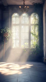 Sunlit overgrown window in forgotten classical hall.