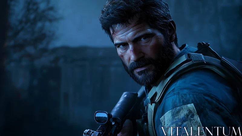 Battle-worn soldier in icy blue tactical ambience portrait.