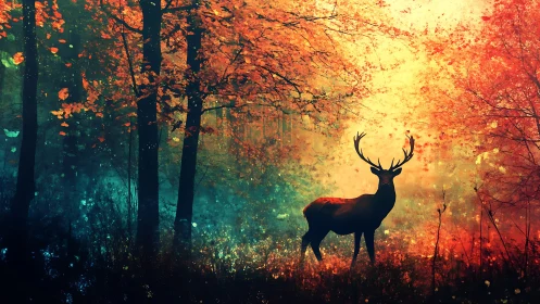 Gentle stag resting in a glowing autumn dream forest.