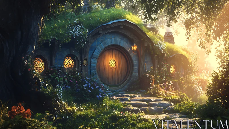 Sunlit hill-hollow cottage where moss and magic converse.