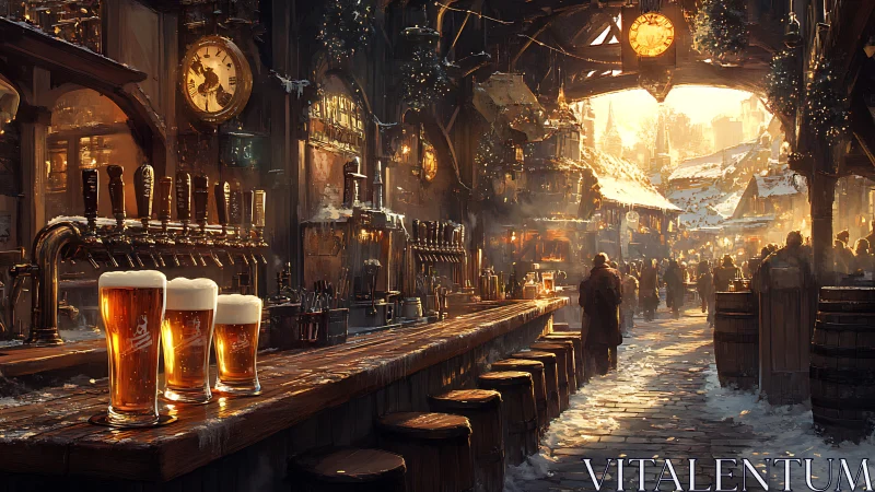 Snowy tavern street glows with warm beer hall lights