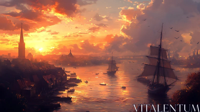 Sunlit harbor city with tall ships crossing a reflective river