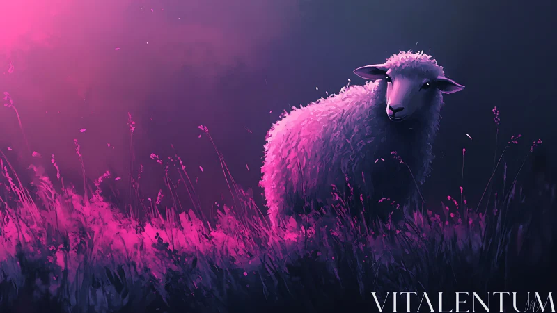 Sheep stands in stylized grass under magenta side lighting