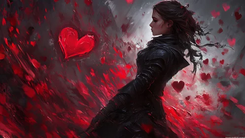 Woman in Shadow: Neon Hearts Explode in Crimson Storm.