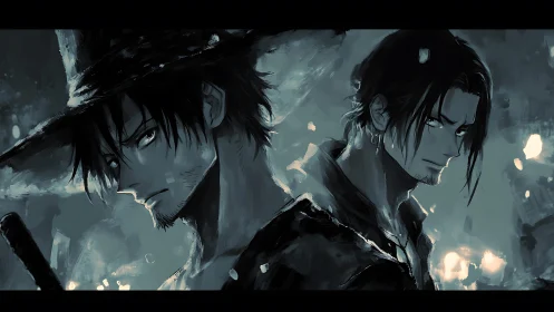 Brooding anime swordsmen face stormy night in monochrome.