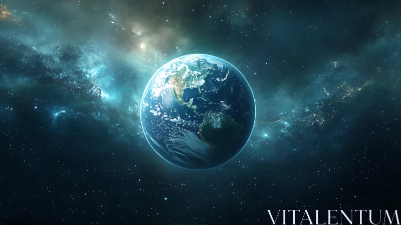 Illuminated Earth sphere rendered against dense galactic nebula