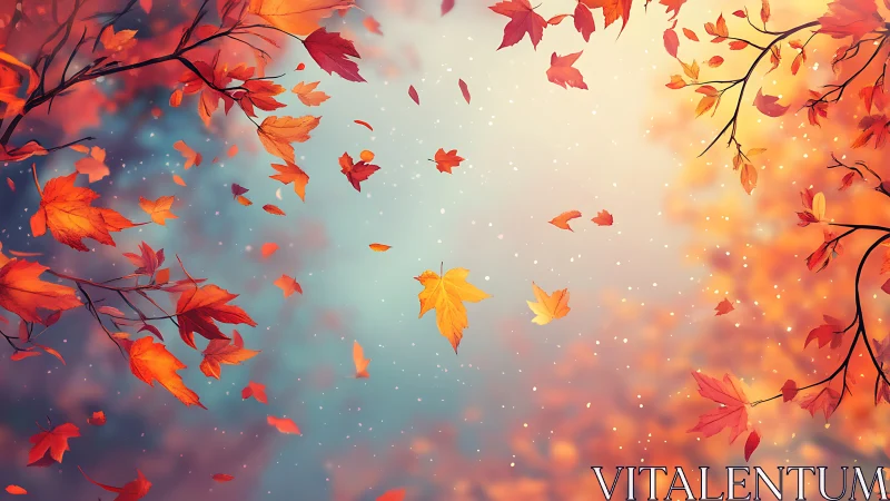 Golden autumn leaves drift gently through glowing light