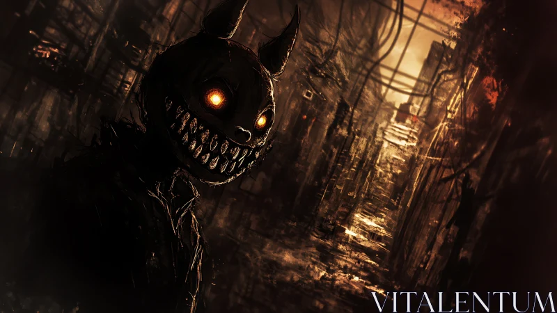 Grinning demon silhouette haunts a burning urban alleyway.
