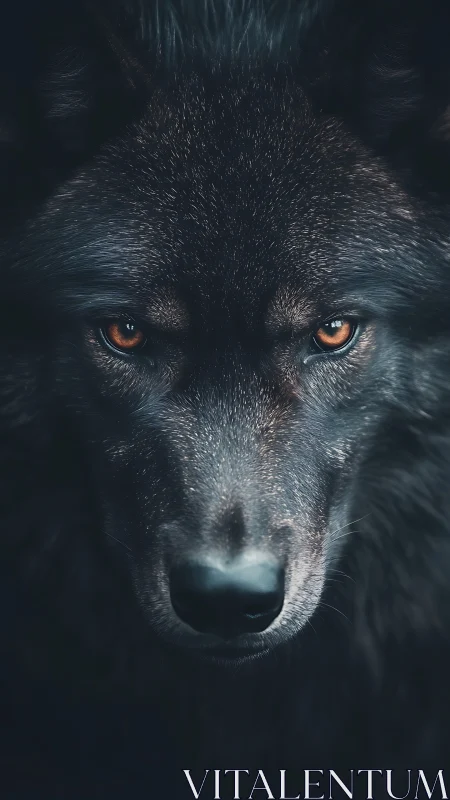 High-contrast frontal wolf portrait isolates amber eyes and coarse fur