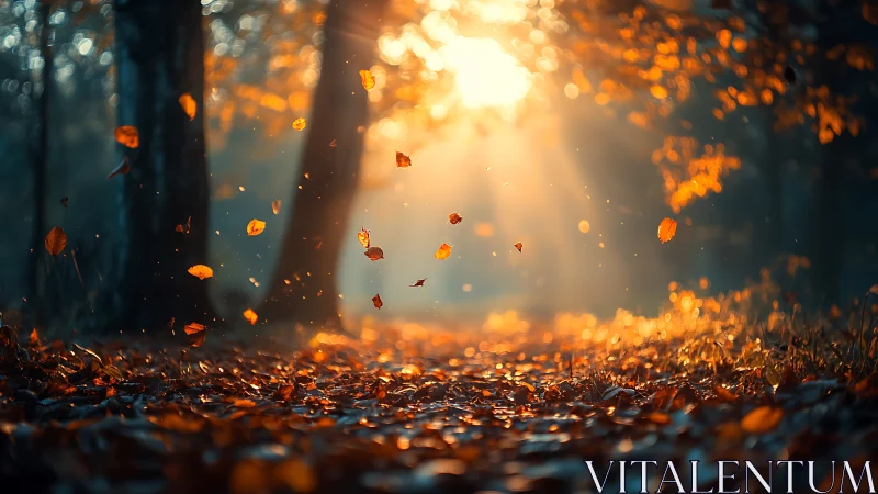 Backlit woodland corridor with suspended autumn leaf dynamics.