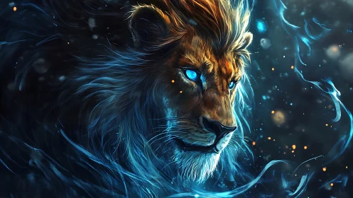 Mythic blue-eyed lion portrait in swirling glowing aura.