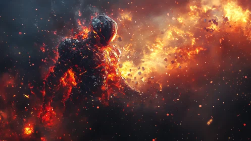 Flaming figure explodes against dark atmospheric backdrop.