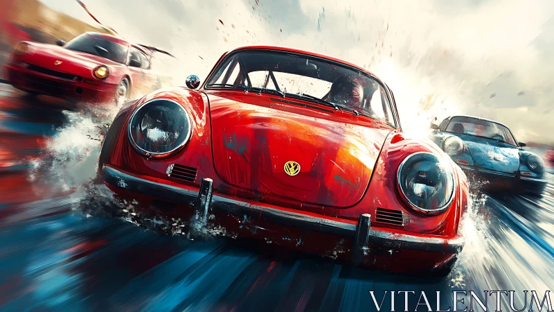 Dynamic sports car sprint in wet-track motion blur digital painting.