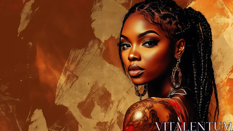 Woman with braids and tattoos looks back over her shoulder