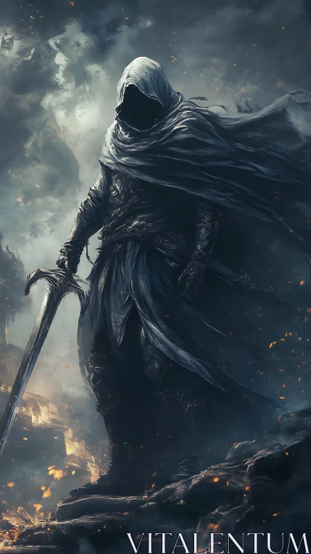 Hooded dark knight stands with sword amid burning ruins.