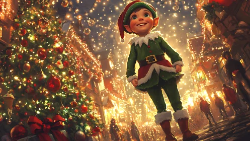Smiling Christmas elf in illuminated town square with dense bokeh lighting