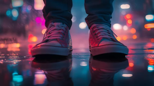 Neon city sneakers pausing in rainlit reflections at night.