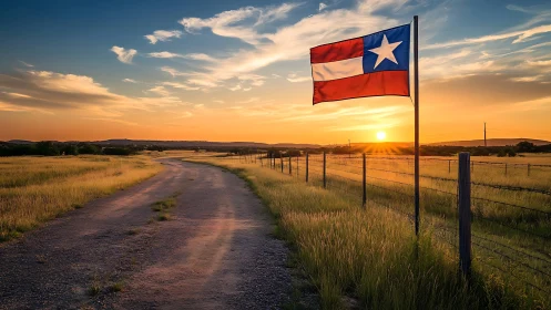 Sunset road and proud lone star flag over golden prairie.
