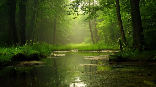 Luminous Forest Stream: Atmospheric Woodland Vista.