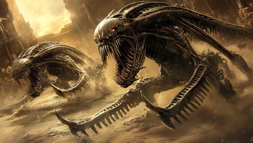 Bio-mechanical desert beasts charge through a ruined cityscape