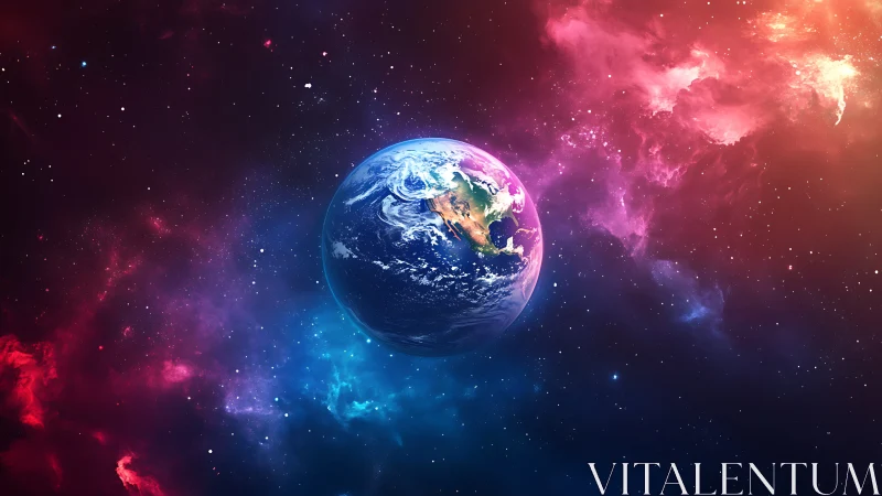 Earth floats in vibrant nebula space with luminous starfield