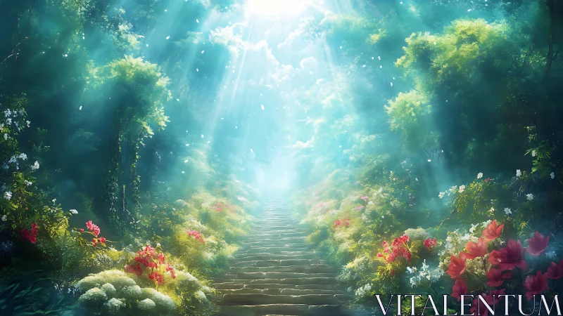 Sunlit stone stairway climbs through a dream-drenched garden
