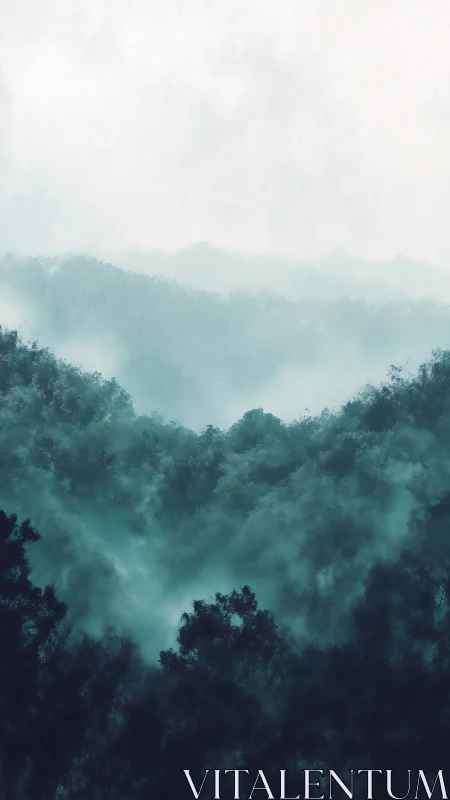 Misty Mountain Landscape with Layered Forests.