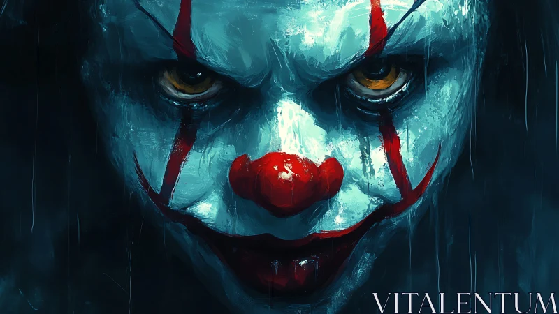 Sinister carnival clown stares from dripping midnight gloom.