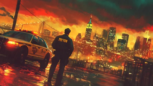 Backlit police silhouette surveys rain-soaked neon city skyline