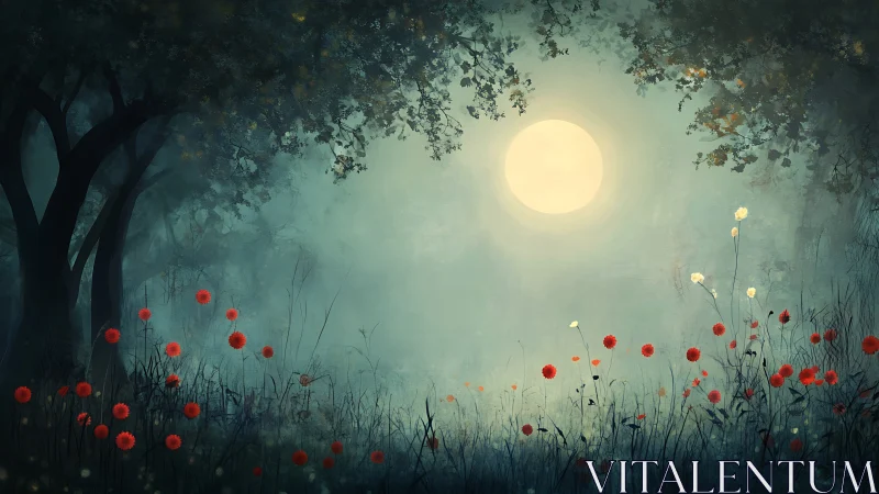 Moonlit forest meadow glows softly with crimson wildflowers