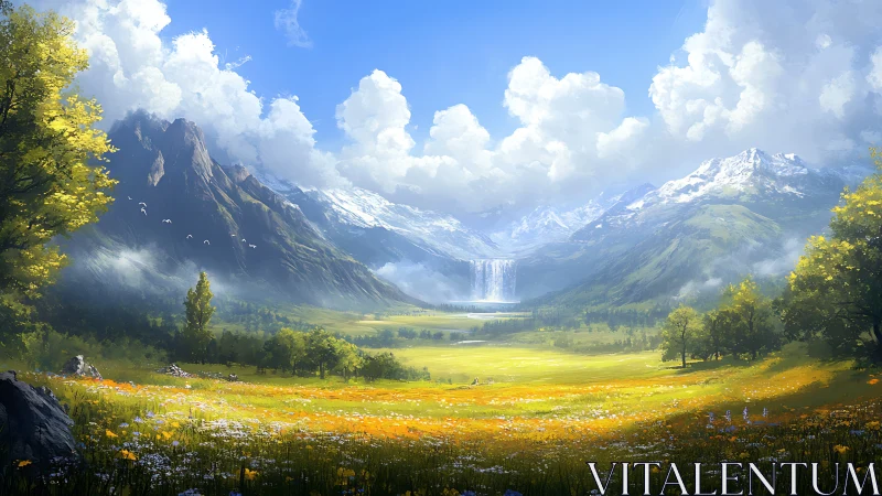 Sunlit alpine valley opens toward distant waterfall and peaks