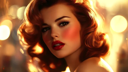 Luminous redhead muse bathed in cinematic golden bokeh glow.